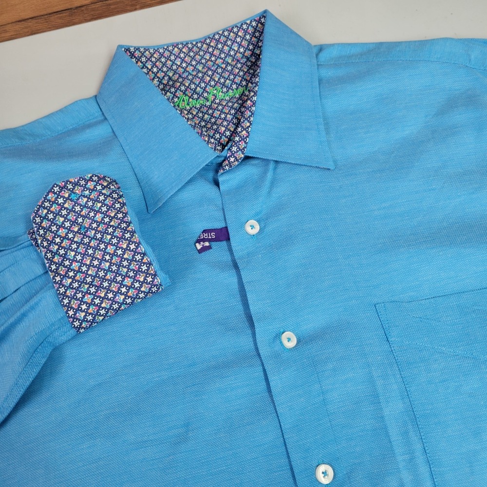 Alan Flusser Men's XL Long Sleeve Flip Cuff Deep Blue Cotton Button Front Shirt